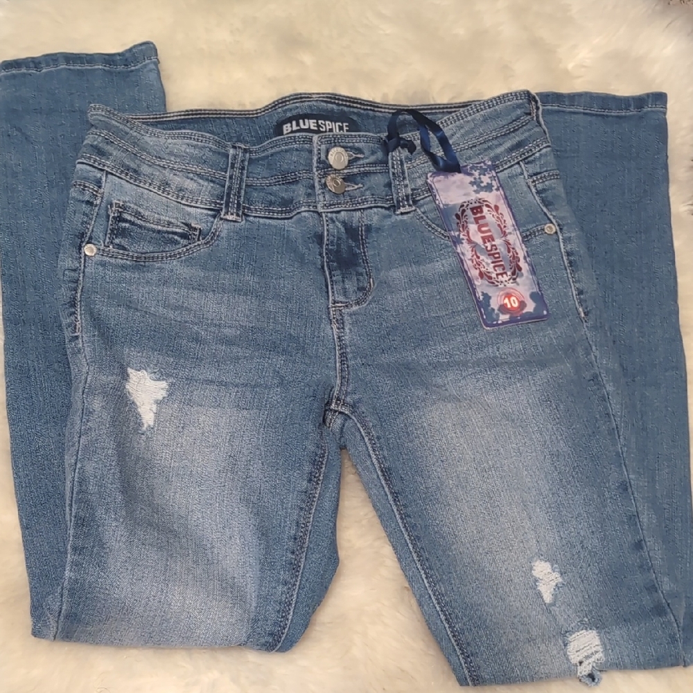 Blue Spice Girls 10 Distressed Denim Jeans Nwt